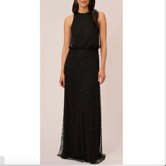 Art Deco Beaded Blouson Dress With Halter Neckline In Black - Picture 1 of 4